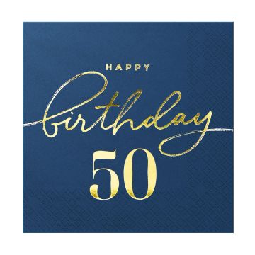 Serwetki urodzinowe - Happy Birthday, cyfra 50, granatowe, 10 szt.