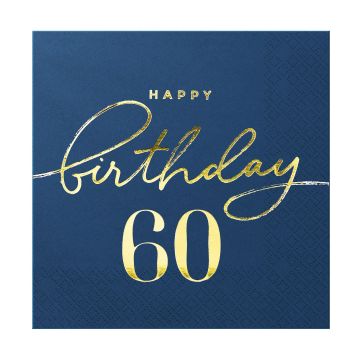 Serwetki urodzinowe - Happy Birthday, cyfra 60, granatowe, 10 szt.