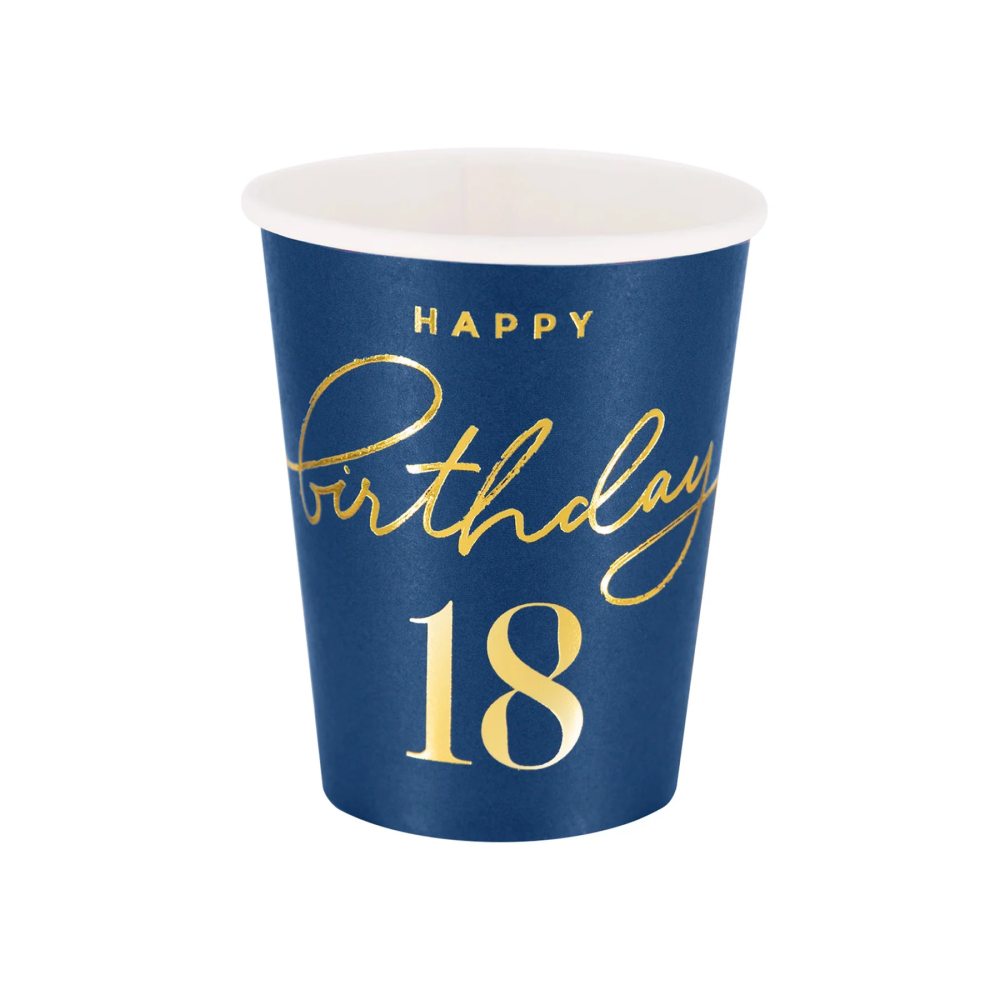 Paper cups - Happy Birthday, number 18, navy blue, 220 ml, 6 pcs.