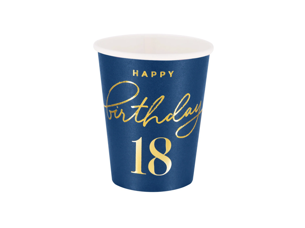 Paper cups - Happy Birthday number 18 navy blue 220 ml 6 pcs