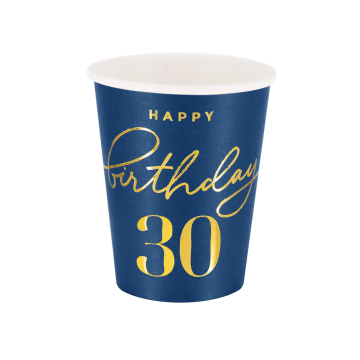 Paper cups - Happy Birthday, number 30, navy blue, 220 ml, 6 pcs.