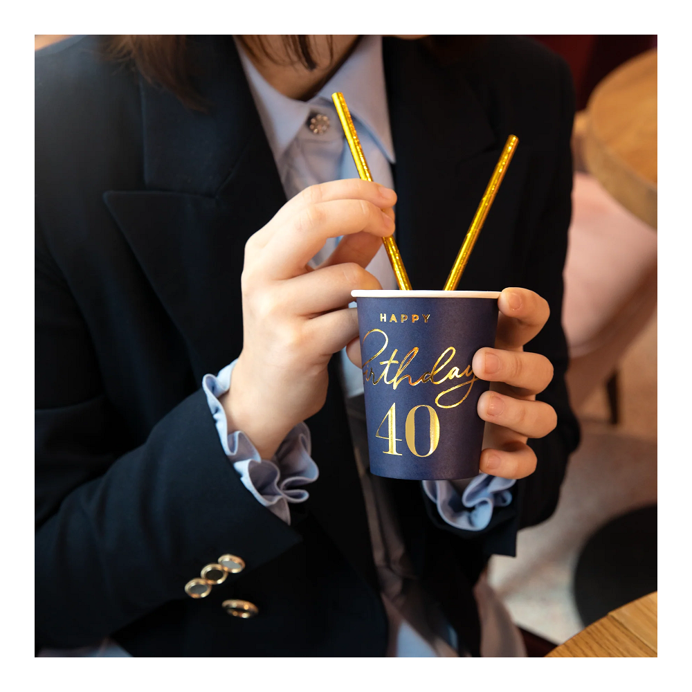 Paper cups - Happy Birthday, number 40, navy blue, 220 ml, 6 pcs.