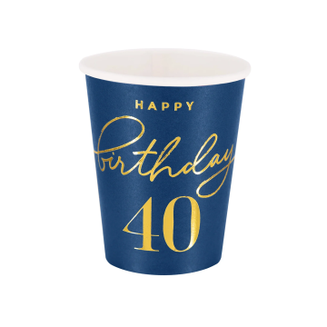 Paper cups - Happy Birthday, number 40, navy blue, 220 ml, 6 pcs.