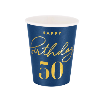 Paper cups - Happy Birthday, number 50, navy blue, 220 ml, 6 pcs.
