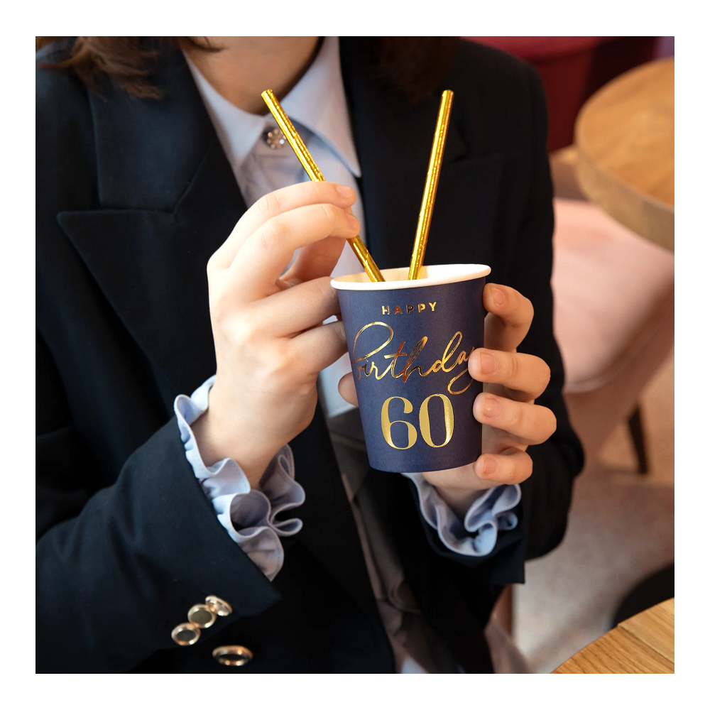 Paper cups - Happy Birthday, number 60, navy blue, 220 ml, 6 pcs.