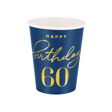 Paper cups - Happy Birthday, number 60, navy blue, 220 ml, 6 pcs.