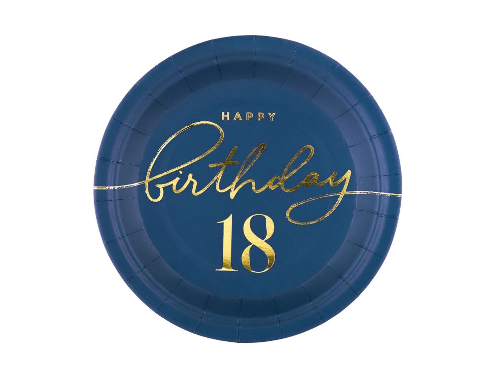 Paper Plates - Happy Birthday, number 18, navy blue, 18 cm, 6 pcs.