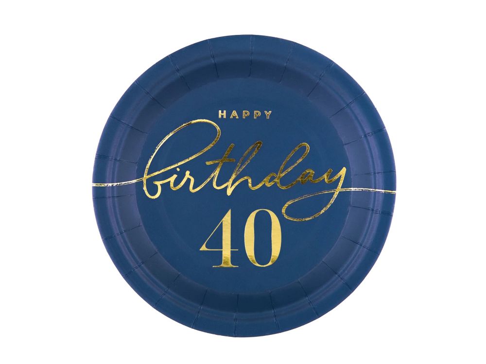 Paper Plates - Happy Birthday, number 40, navy blue, 18 cm, 6 pcs.