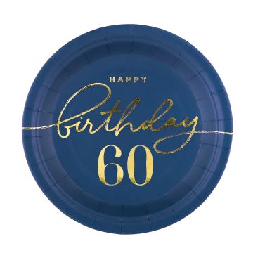 Paper Plates - Happy Birthday, number 60, navy blue, 18 cm, 6 pcs.