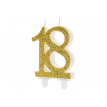 Świeczka urodzinowa liczba 18 - PartyDeco - brokatowa, złota