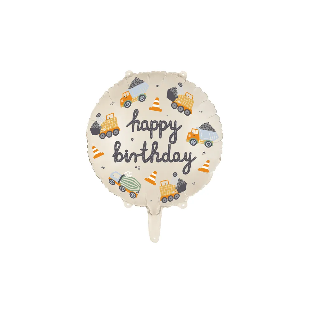 Balon foliowy Happy Birthday - PartyDeco - pojazdy budowlane, 35 cm