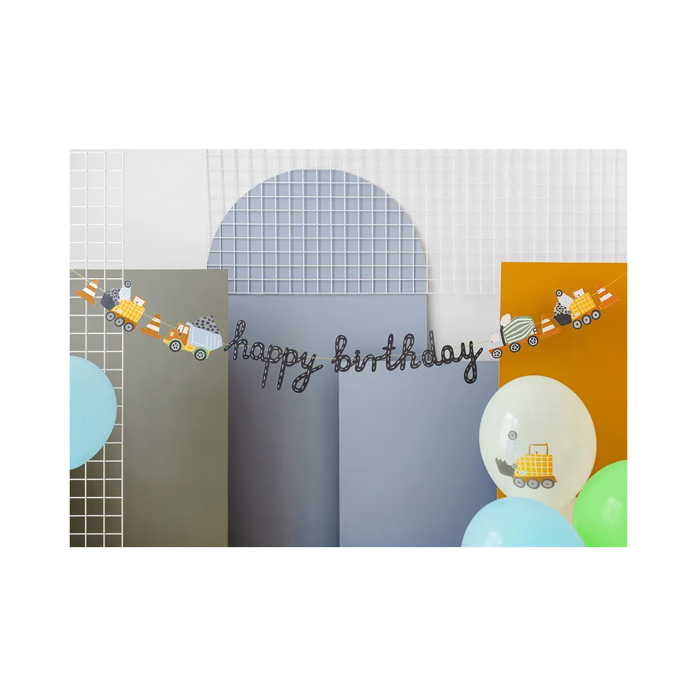 Decorative garland - PartyDeco - Happy Birthday, construction vehicles, 200 cm