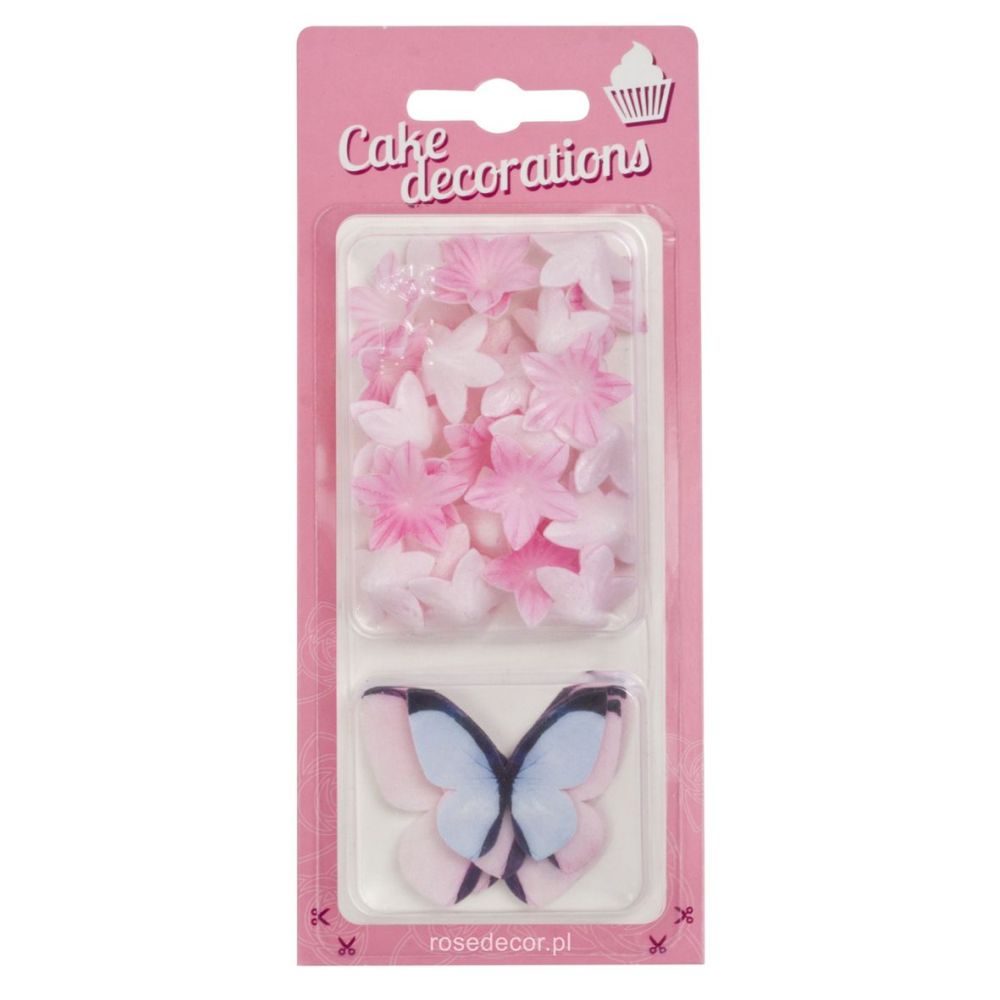 Wafer butterflies and flowers - Rose Decor - pink, 30 pcs.