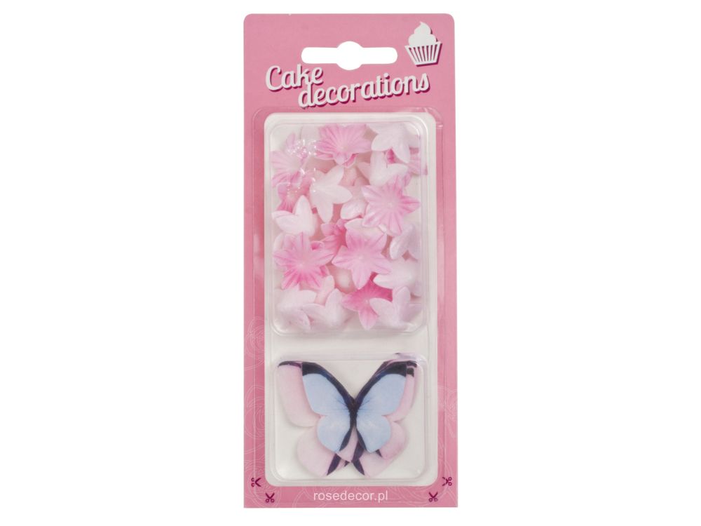 Wafer butterflies and flowers - Rose Decor - pink, 30 pcs.