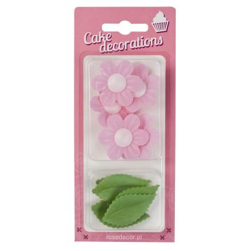 Wafer flowers and leaves - Rose Decor - pink, 11 pcs.