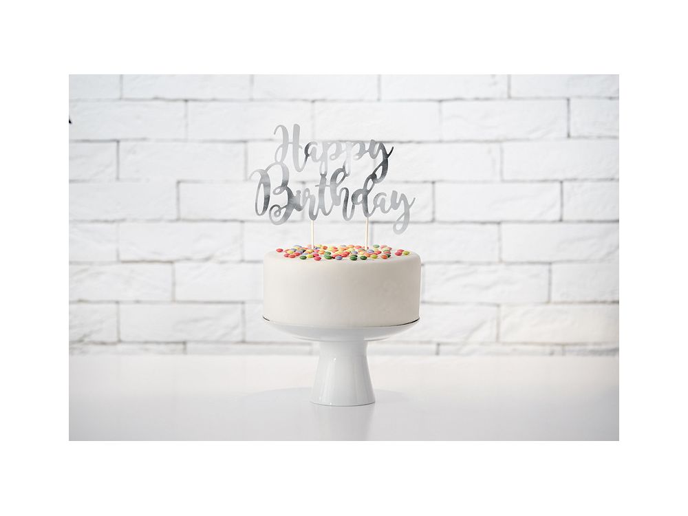 Topper na tort Happy Birthday - PartyDeco - srebrny, 22,5 cm