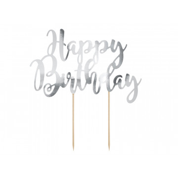 Cake topper Happy Birthday - PartyDeco - silver, 22,5 cm