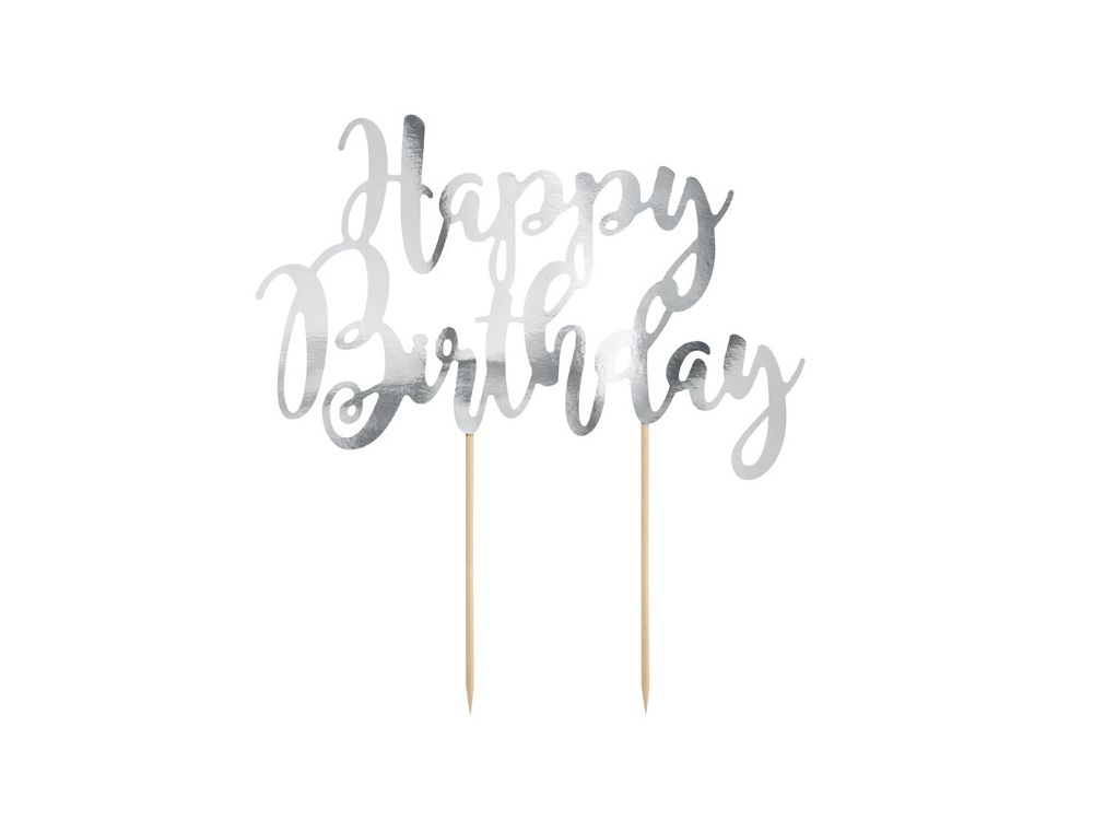 Topper na tort Happy Birthday - PartyDeco - srebrny, 22,5 cm