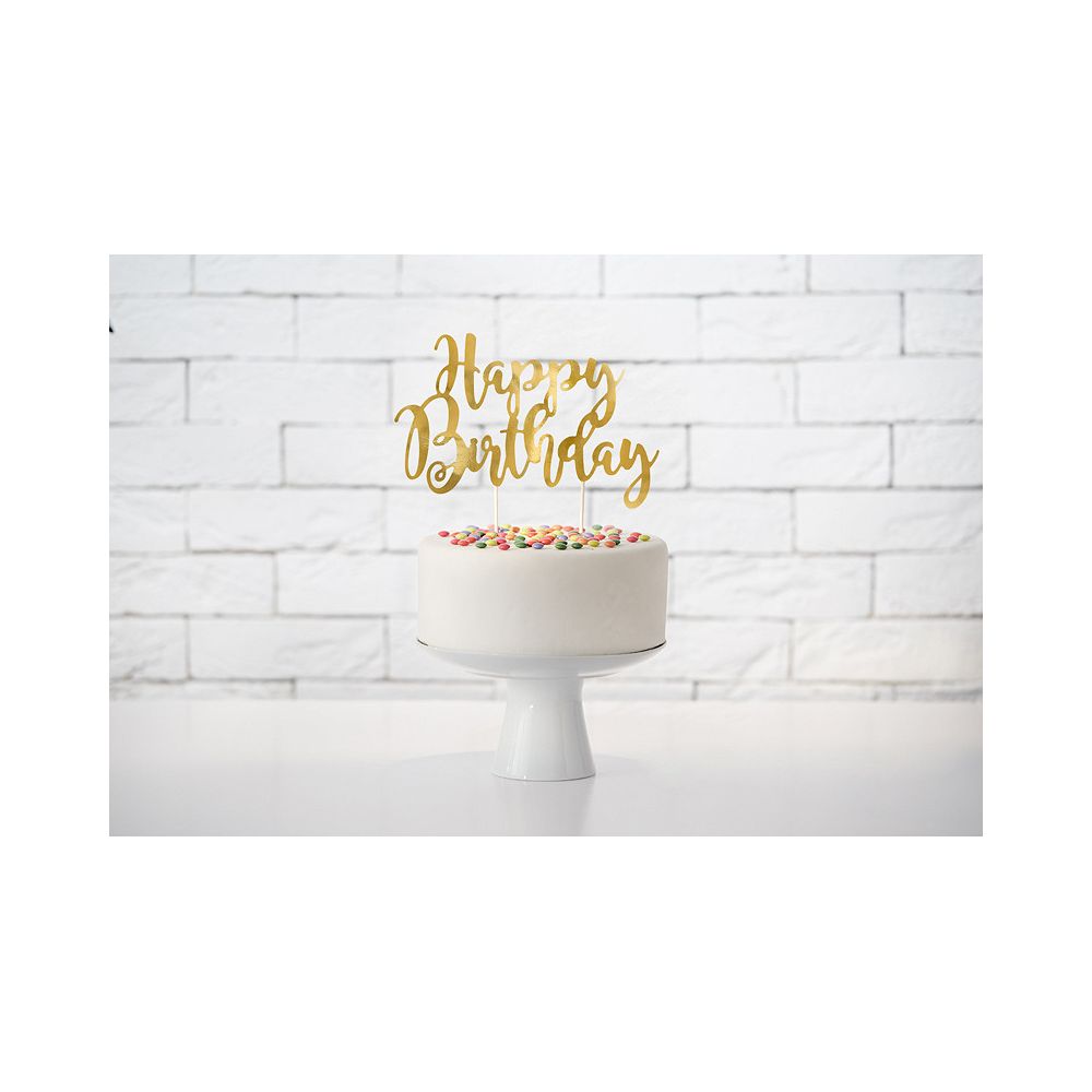 Topper na tort Happy Birthday - PartyDeco - złoty, 22,5 cm