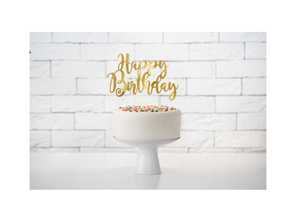 Topper na tort Happy Birthday - PartyDeco - złoty, 22,5 cm