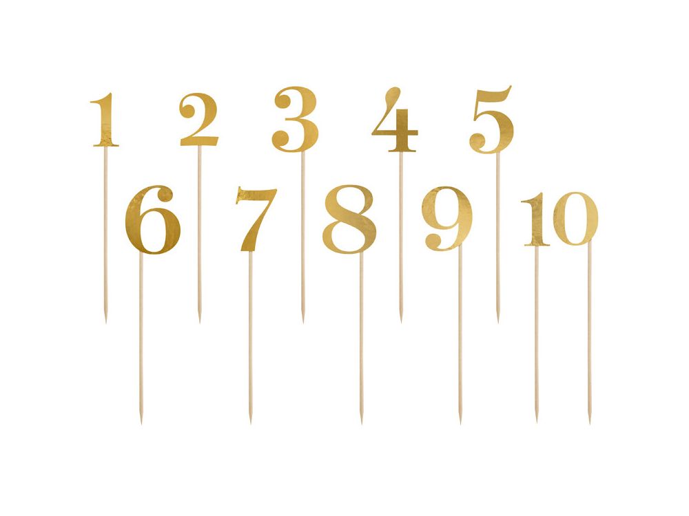 Birthday cake toppers - PartyDeco - numbers, gold, 11 pcs
