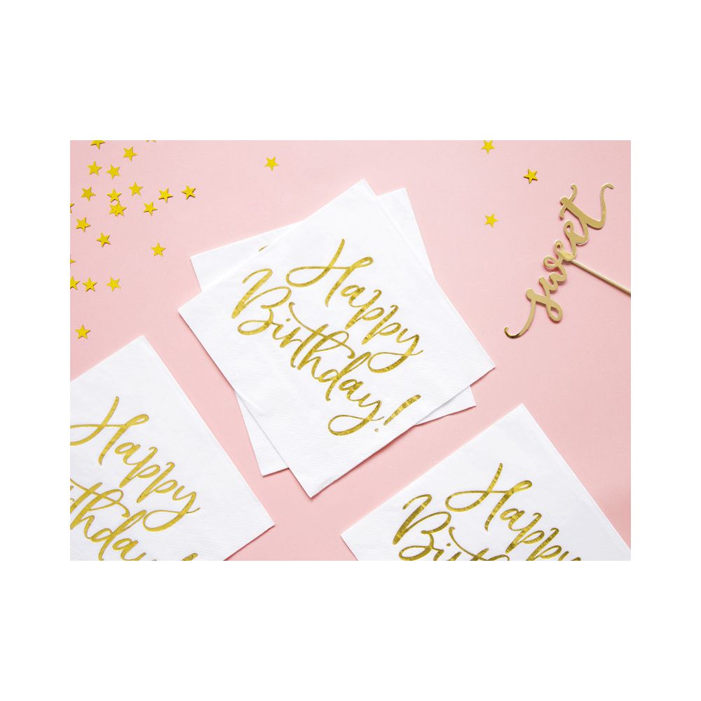 Serwetki Happy Birthday - PartyDeco - biało-złote, 33 x 33 cm, 20 szt.