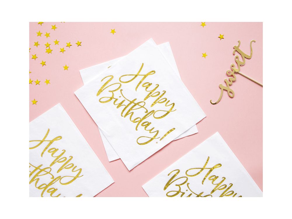 Happy Birthday napkins - PartyDeco - white and gold, 33 x 33 cm, 20 pcs.