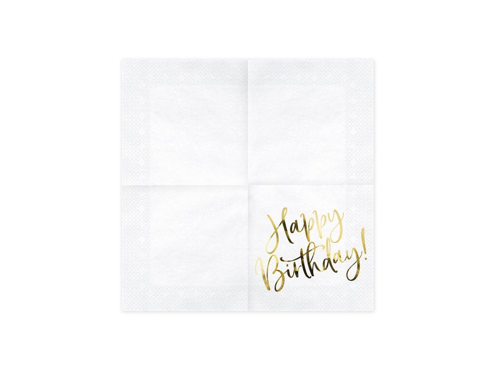Happy Birthday napkins - PartyDeco - white and gold, 33 x 33 cm, 20 pcs.