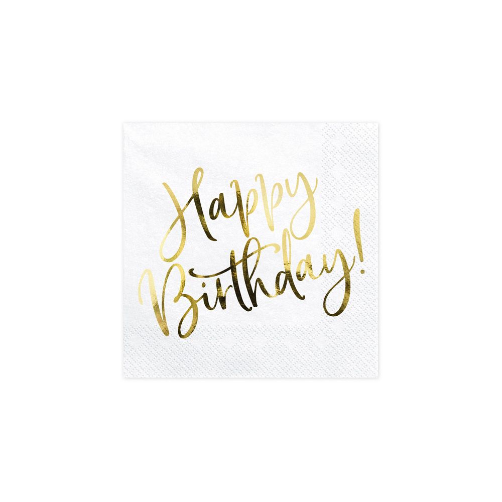 Serwetki Happy Birthday - PartyDeco - biało-złote, 33 x 33 cm, 20 szt.