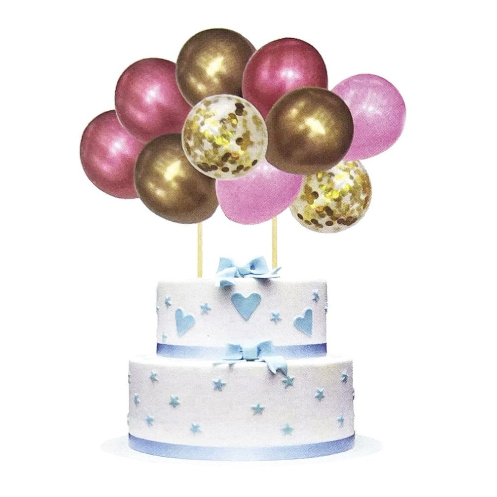 Birthday balloons for a cake - pink and gold, 13 elements