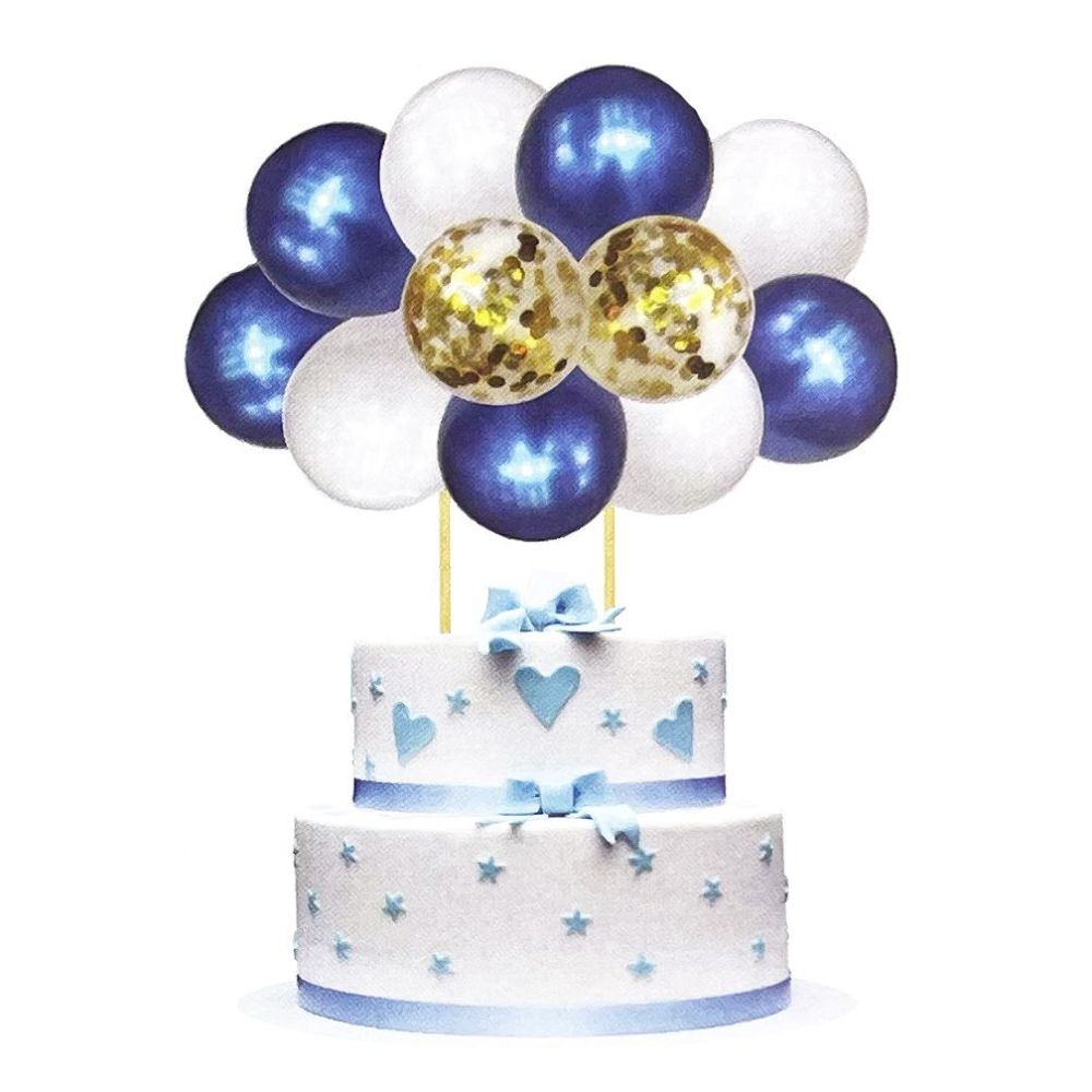 Birthday balloons for a cake - white and blue, 13 elements