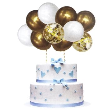Birthday balloons for a cake - white and gold, 13 elements