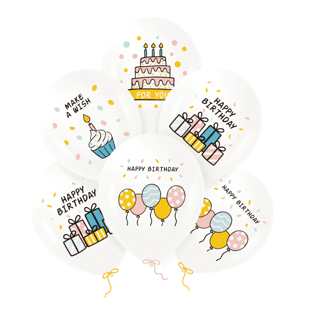 Latex balloons - Happy Birthday, white, 30 cm, 6 pcs.