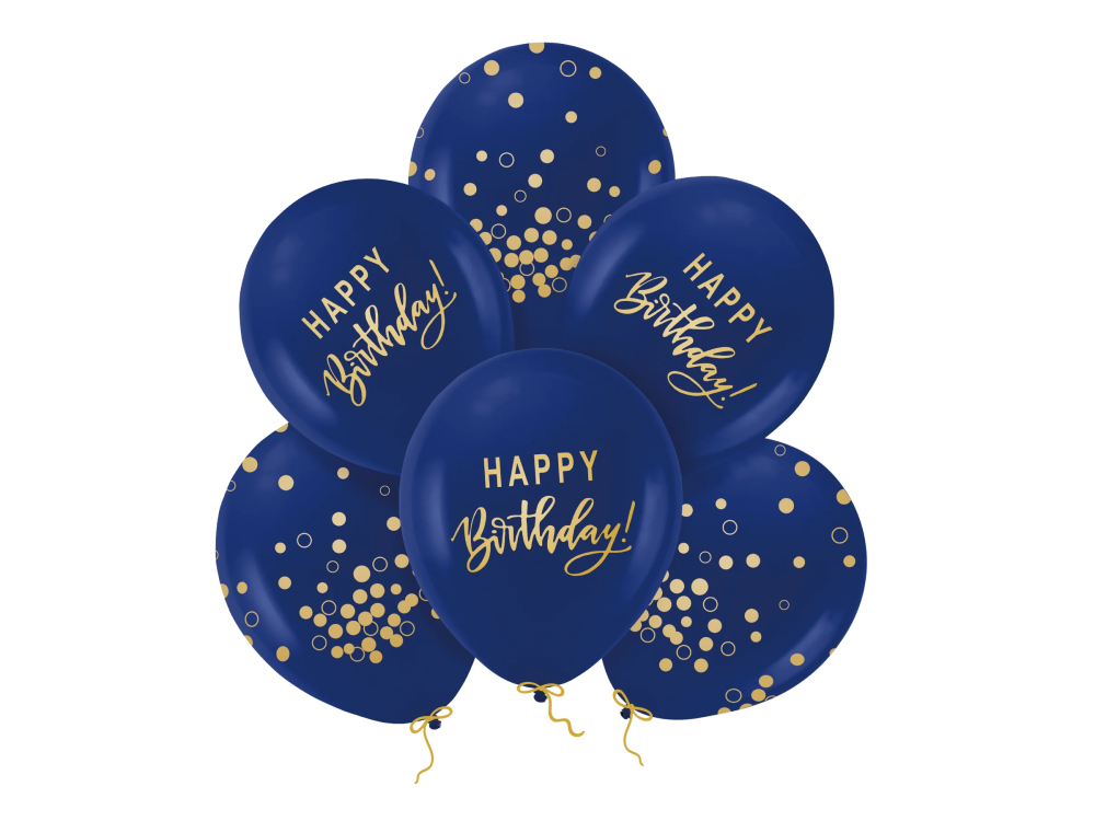Balony urodzinowe - Happy Birthday, granatowe, 30 cm, 6 szt.