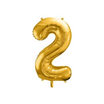 Foil balloon, metallic - PartyDeco - gold, number 2, 86 cm