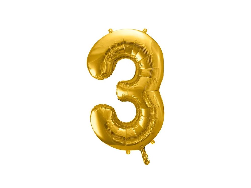 Balon foliowy cyfra 3 - PartyDeco - złoty, 86 cm
