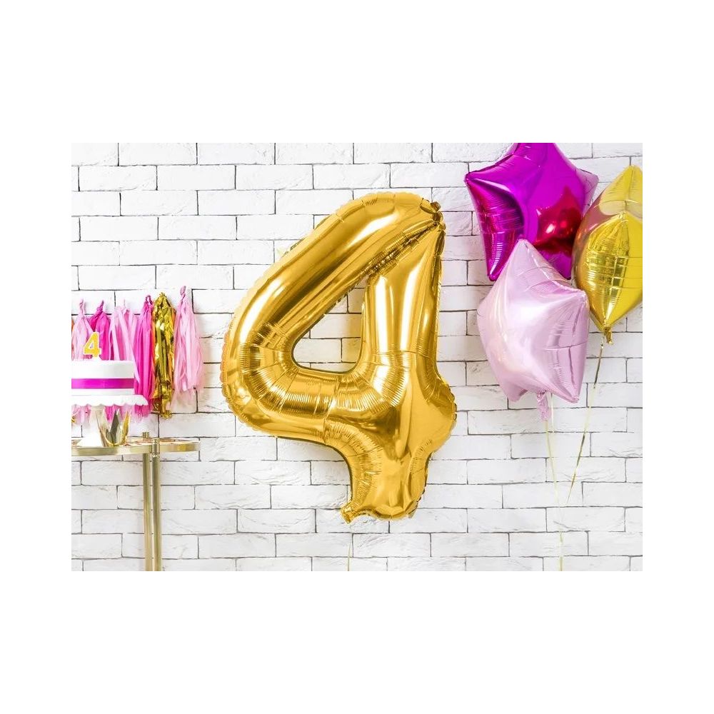 Foil balloon, metallic - PartyDeco - gold, number 4, 86 cm