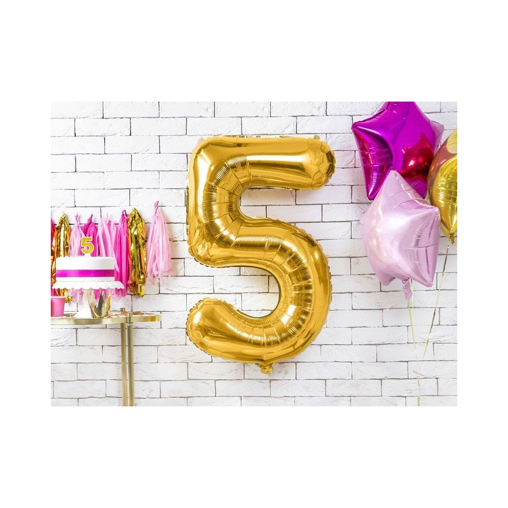 Foil balloon, metallic - PartyDeco - gold, number 5, 86 cm