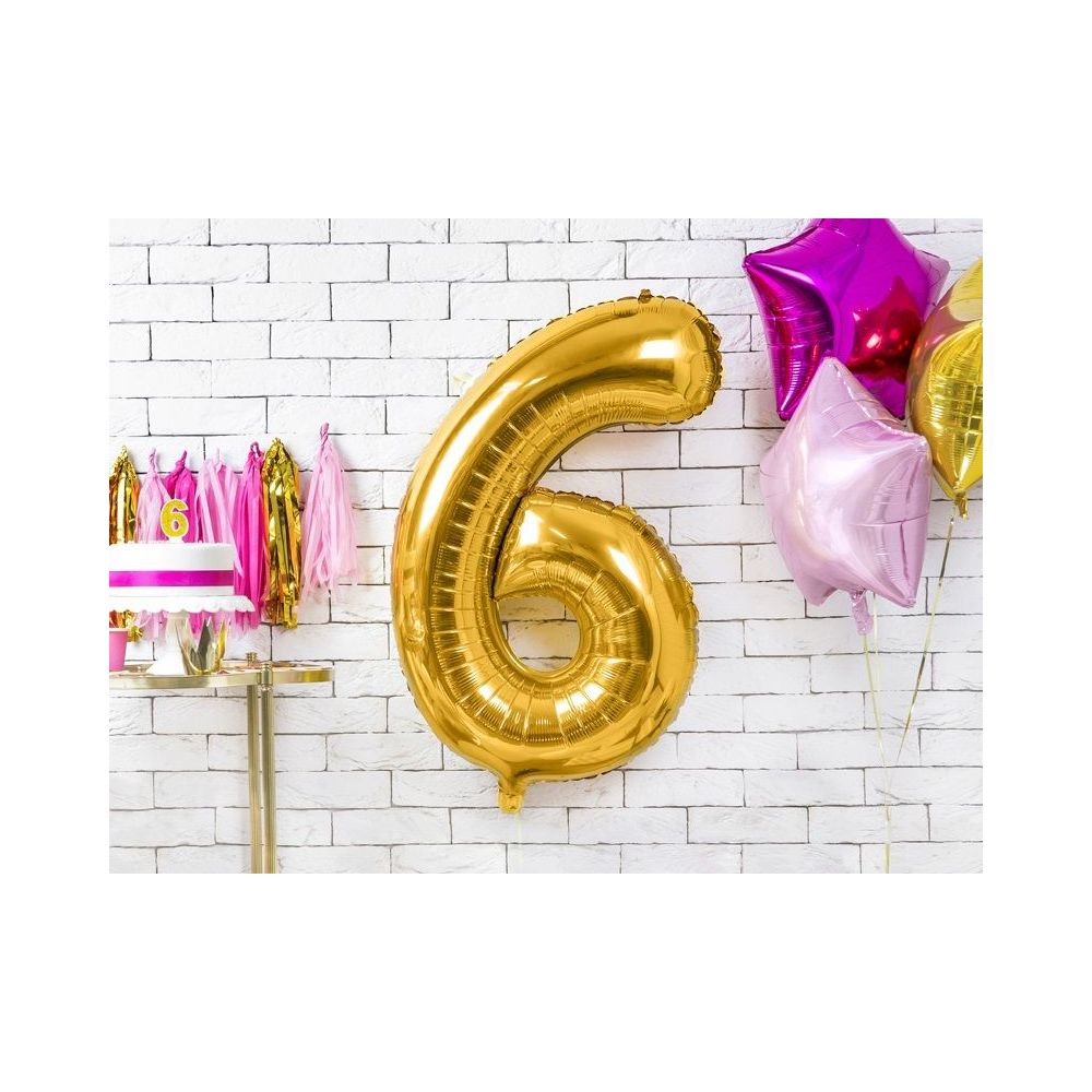 Foil balloon, metallic - PartyDeco - gold, number 6, 86 cm