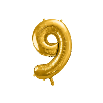 Foil balloon, metallic - PartyDeco - gold, number 9, 86 cm