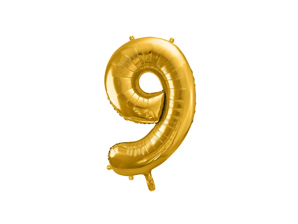 Balon foliowy cyfra 9 - PartyDeco - złoty, 86 cm
