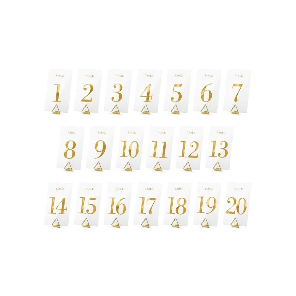 Table numbers - PartyDeco - gold, transparent, 20 pcs.