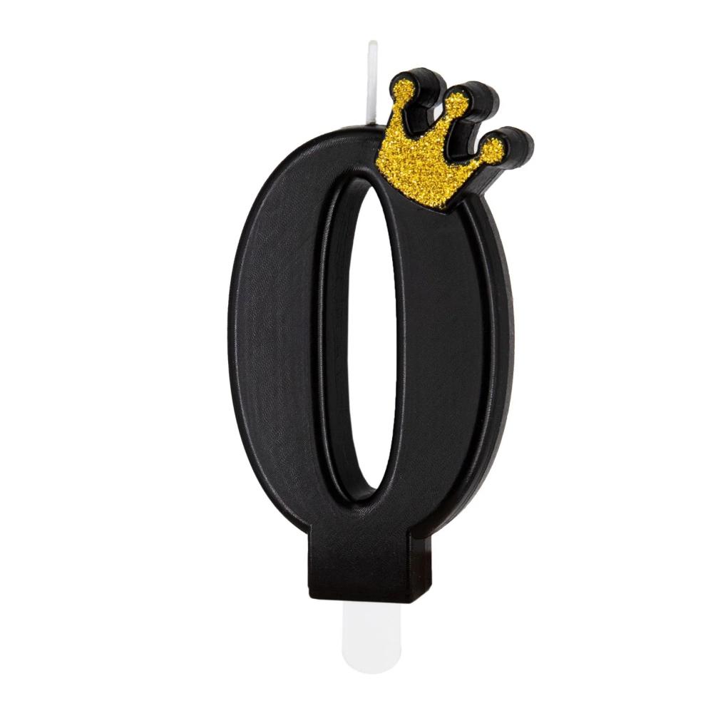 Birthday candle with a crown - number 0, black