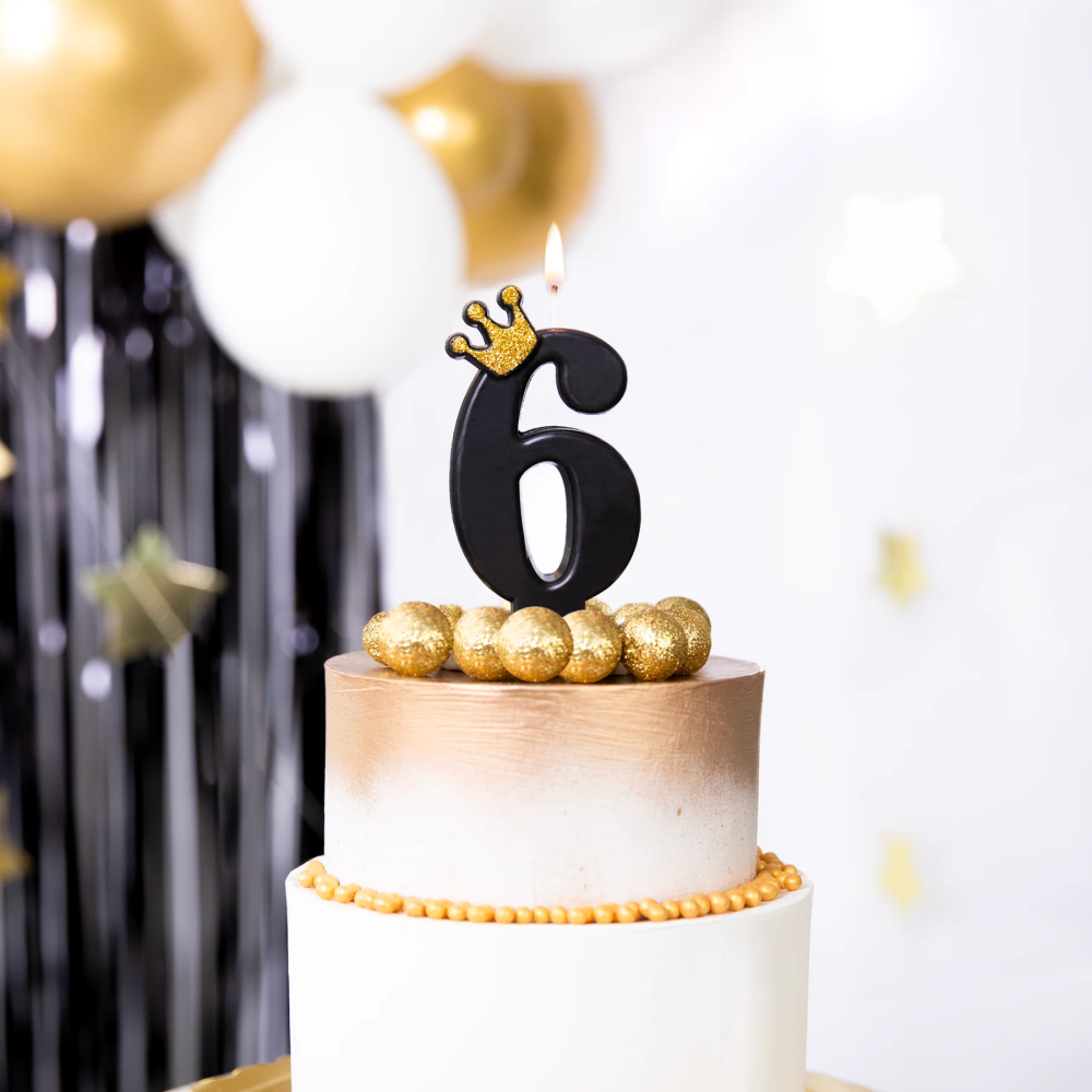 Birthday candle with a crown - number 6, black