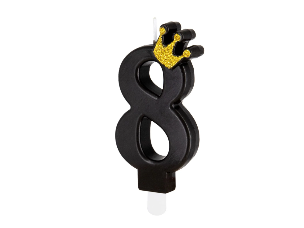 Birthday candle with a crown - number 8, black