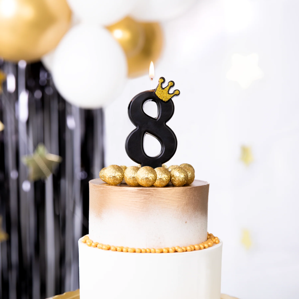 Birthday candle with a crown - number 8, black