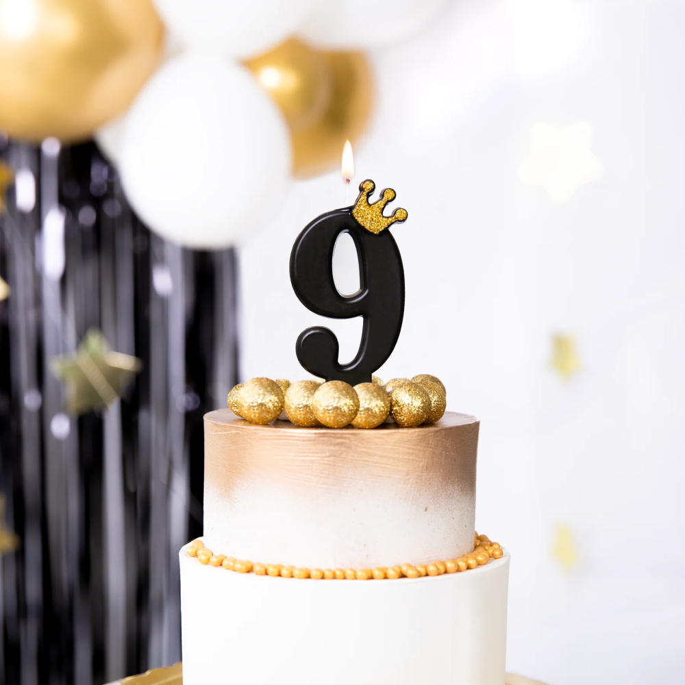 Birthday candle with a crown - number 9, black