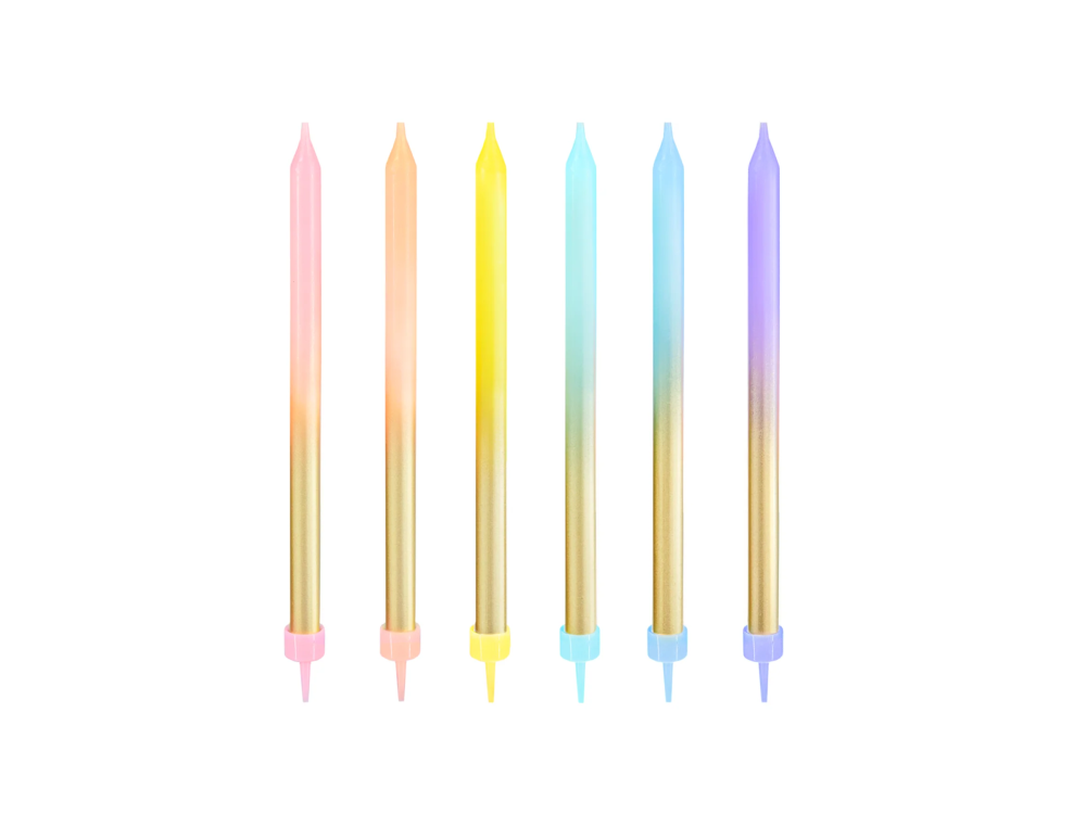 Birthday candles, long - gold and rainbow, 6 pcs.
