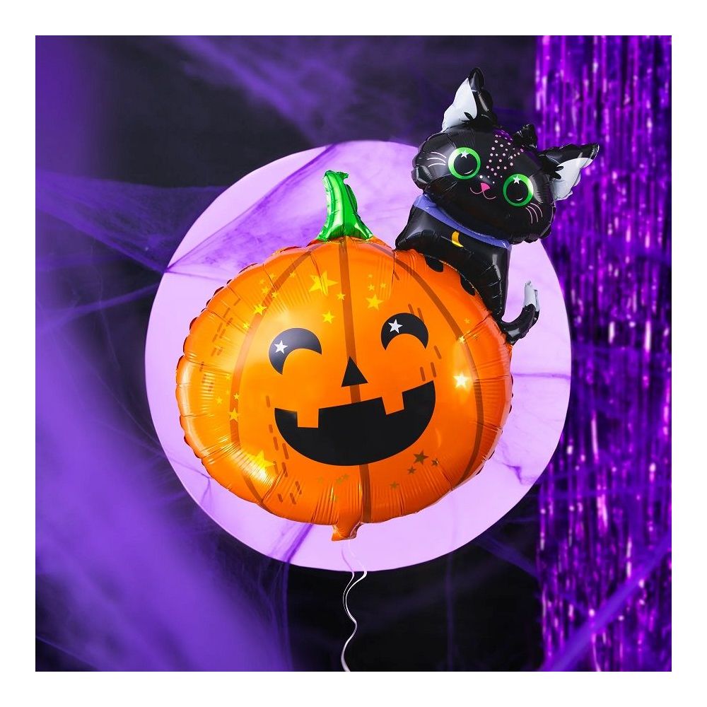Balon foliowy na Halloween - Dynia z kotkiem, 84 cm