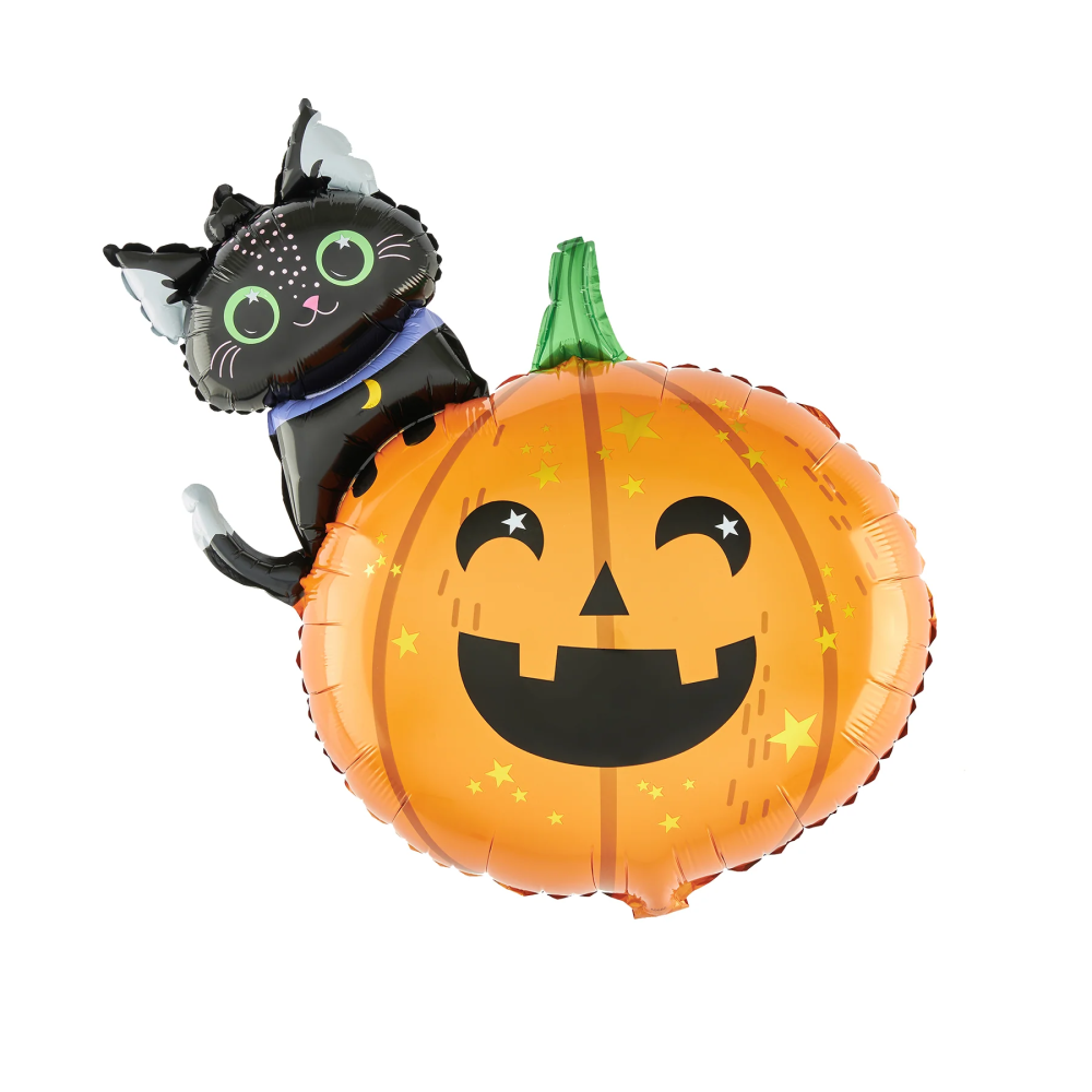 Balon foliowy na Halloween - Dynia z kotkiem, 84 cm
